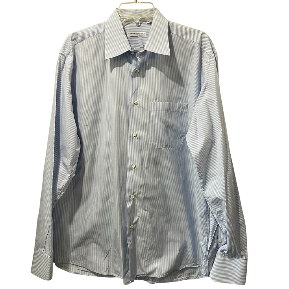 Luciano Moresco Button Up Long Sleeve Dress Shirt Size Large Italy Striped Blue